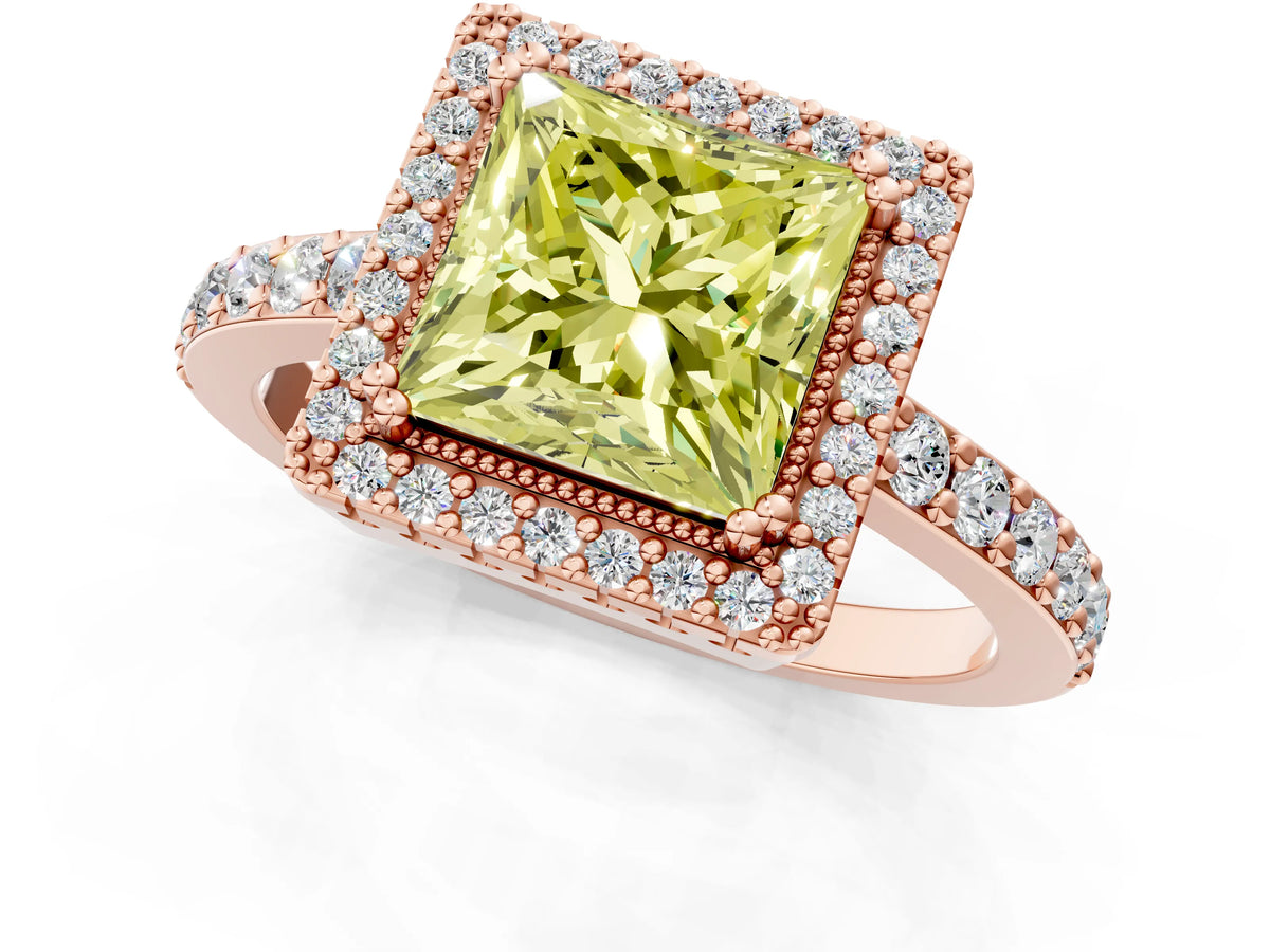 Fancy Yellow Princess Cut Diamond Halo Engagement Ring in Rose gold with Milgrain Detail and Pavé Band_1