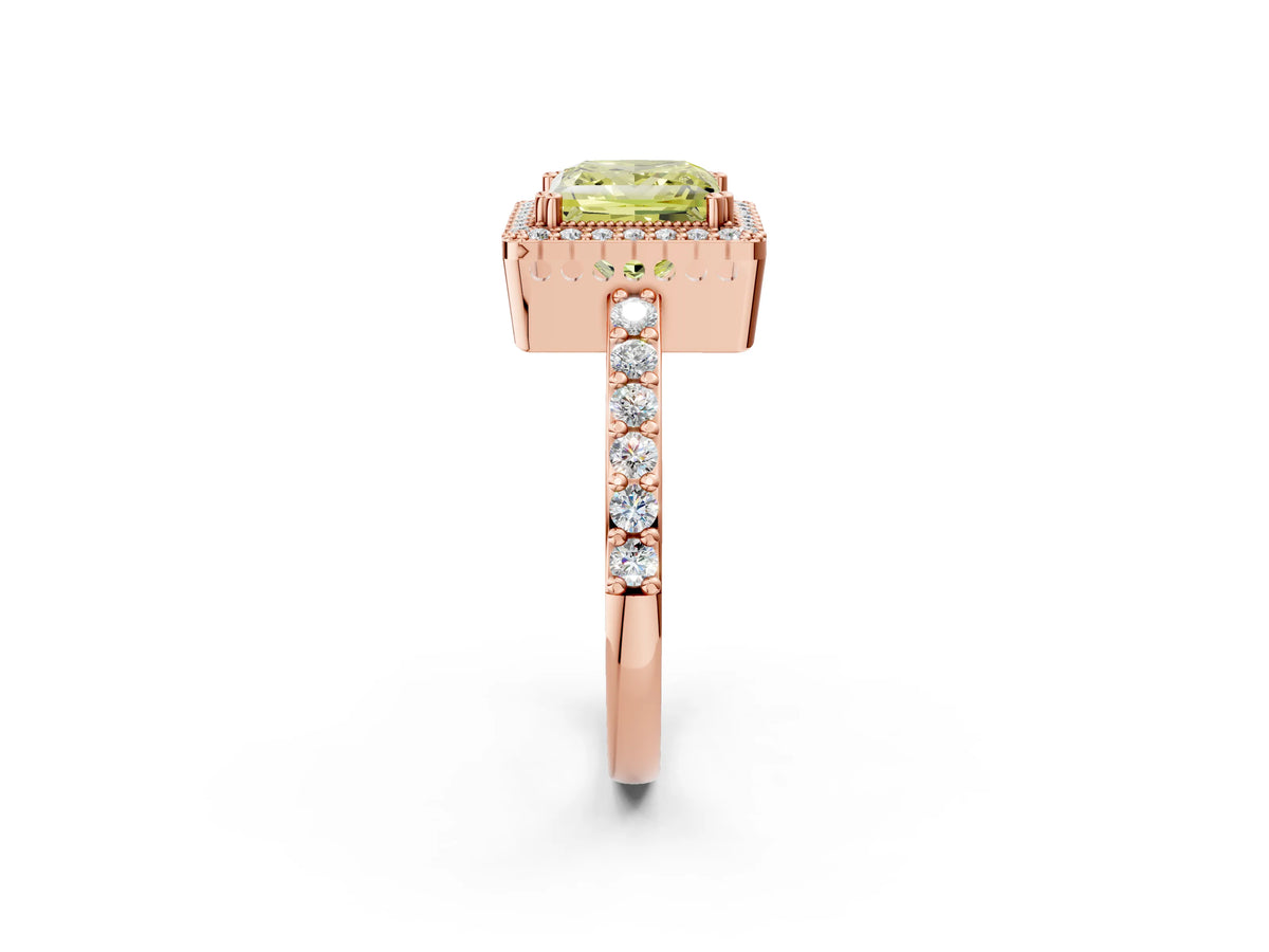 Fancy Yellow Princess Cut Diamond Halo Engagement Ring in Rose gold with Milgrain Detail and Pavé Band_2