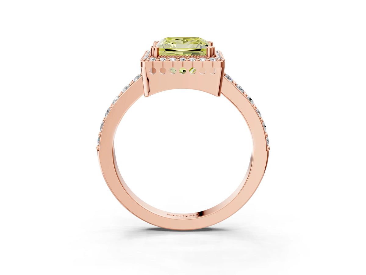 Fancy Yellow Princess Cut Diamond Halo Engagement Ring in Rose gold with Milgrain Detail and Pavé Band_3