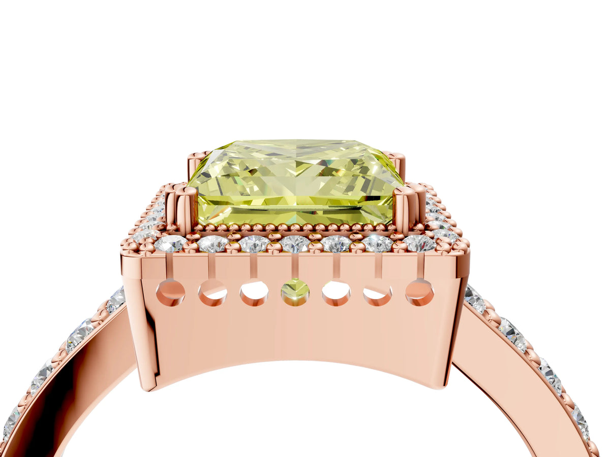 Fancy Yellow Princess Cut Diamond Halo Engagement Ring in Rose gold with Milgrain Detail and Pavé Band_4