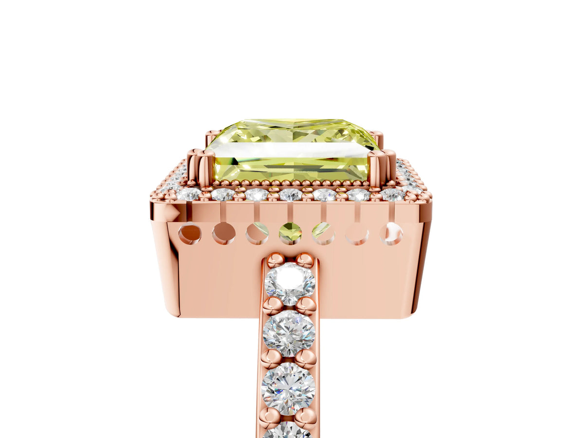 Fancy Yellow Princess Cut Diamond Halo Engagement Ring in Rose gold with Milgrain Detail and Pavé Band_5