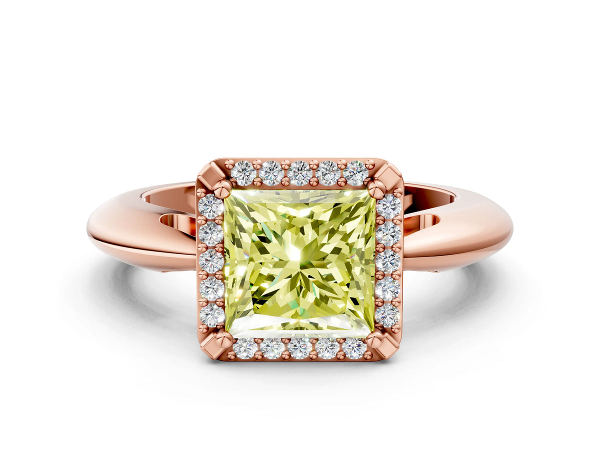 Fancy Yellow Princess Cut Diamond Halo Engagement Ring in Rose gold with Plain Split Shank and Prong Setting