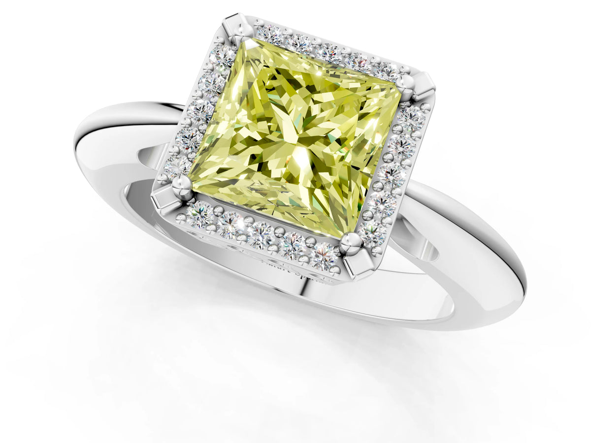Fancy Yellow Princess Cut Diamond Halo Engagement Ring in Silver with Plain Split Shank and Prong Setting_13