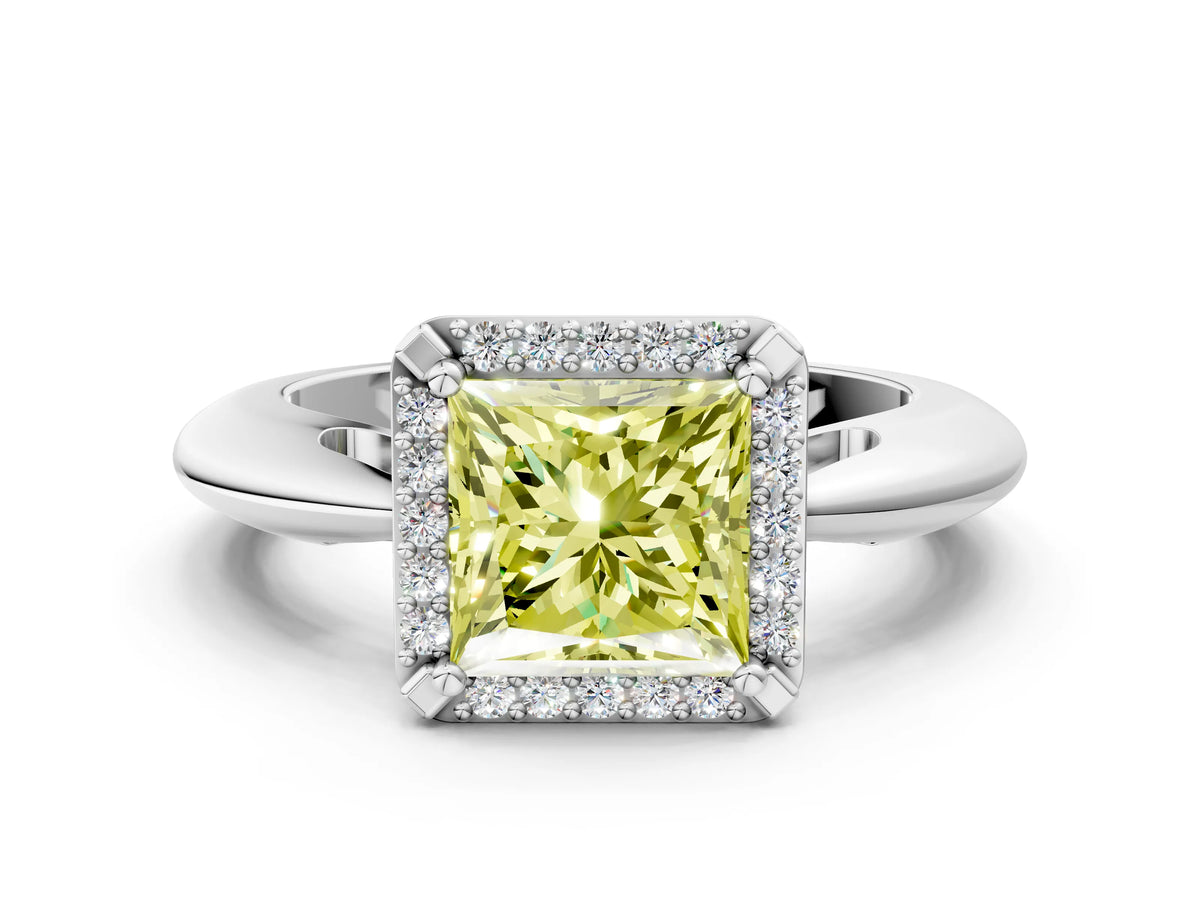 Fancy Yellow Princess Cut Diamond Halo Engagement Ring in White gold with Plain Split Shank and Prong Setting