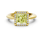 Fancy Yellow Princess Cut Diamond Halo Engagement Ring in Yellow gold with Plain Split Shank and Prong Setting