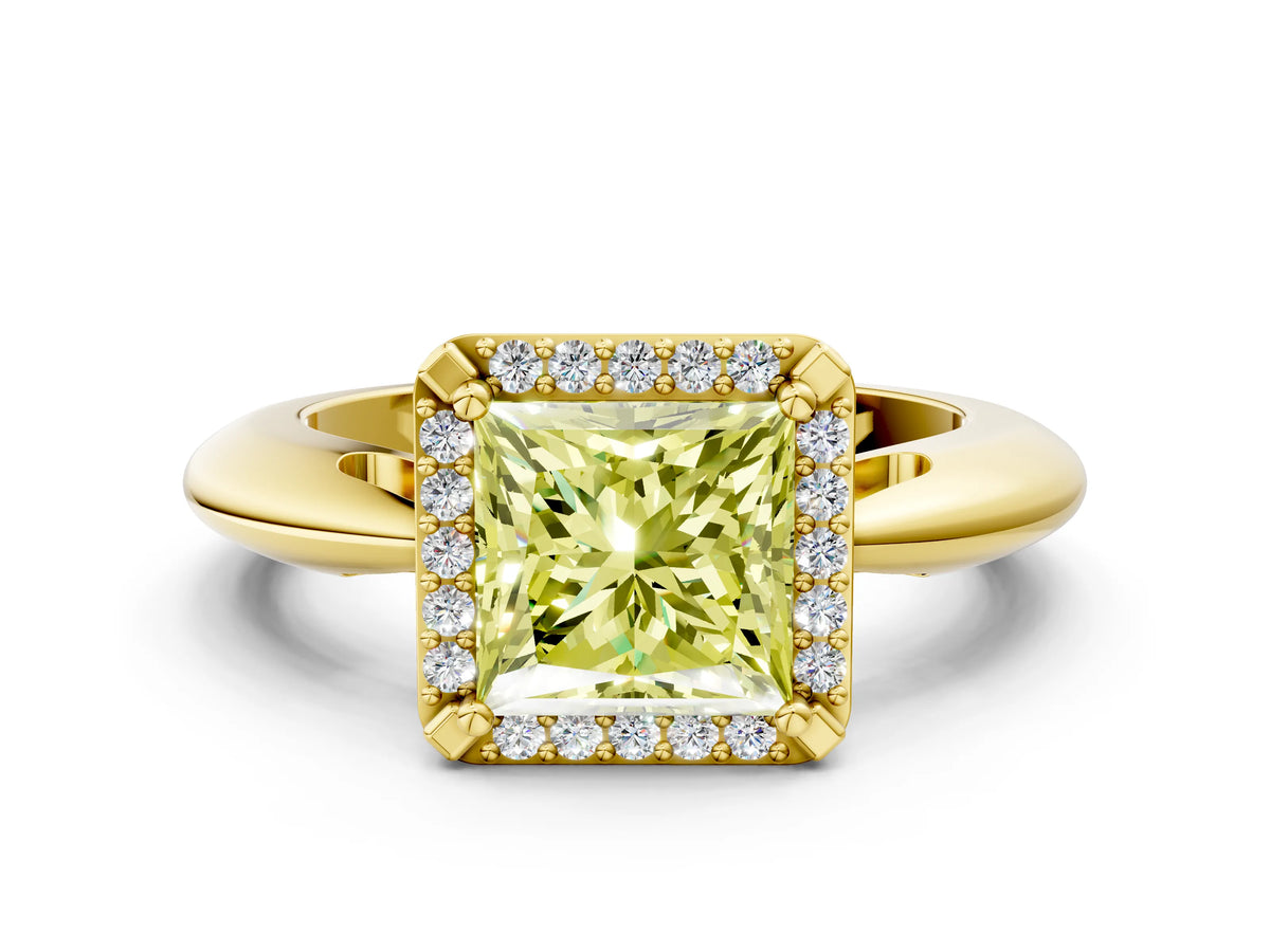 Fancy Yellow Princess Cut Diamond Halo Engagement Ring in Yellow gold with Plain Split Shank and Prong Setting