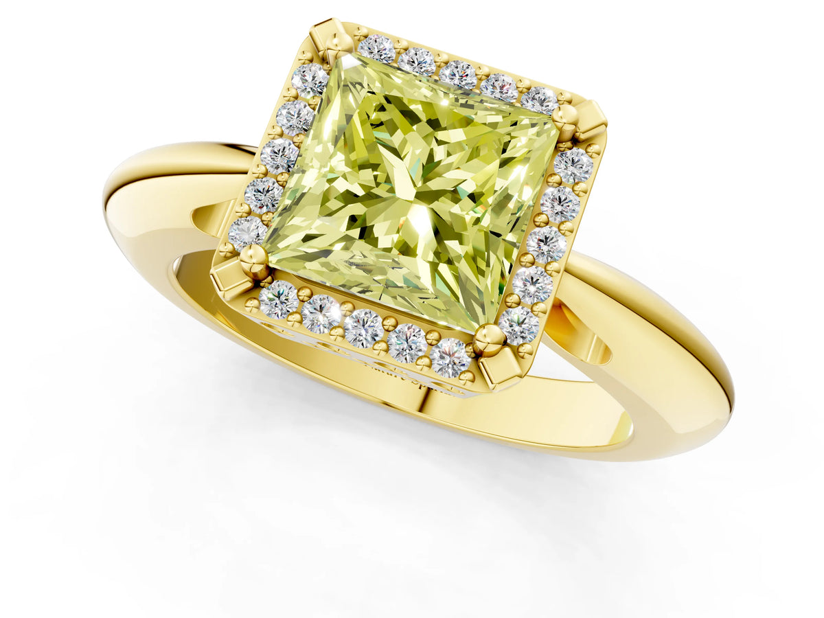 Fancy Yellow Princess Cut Diamond Halo Engagement Ring in Yellow gold with Plain Split Shank and Prong Setting_1