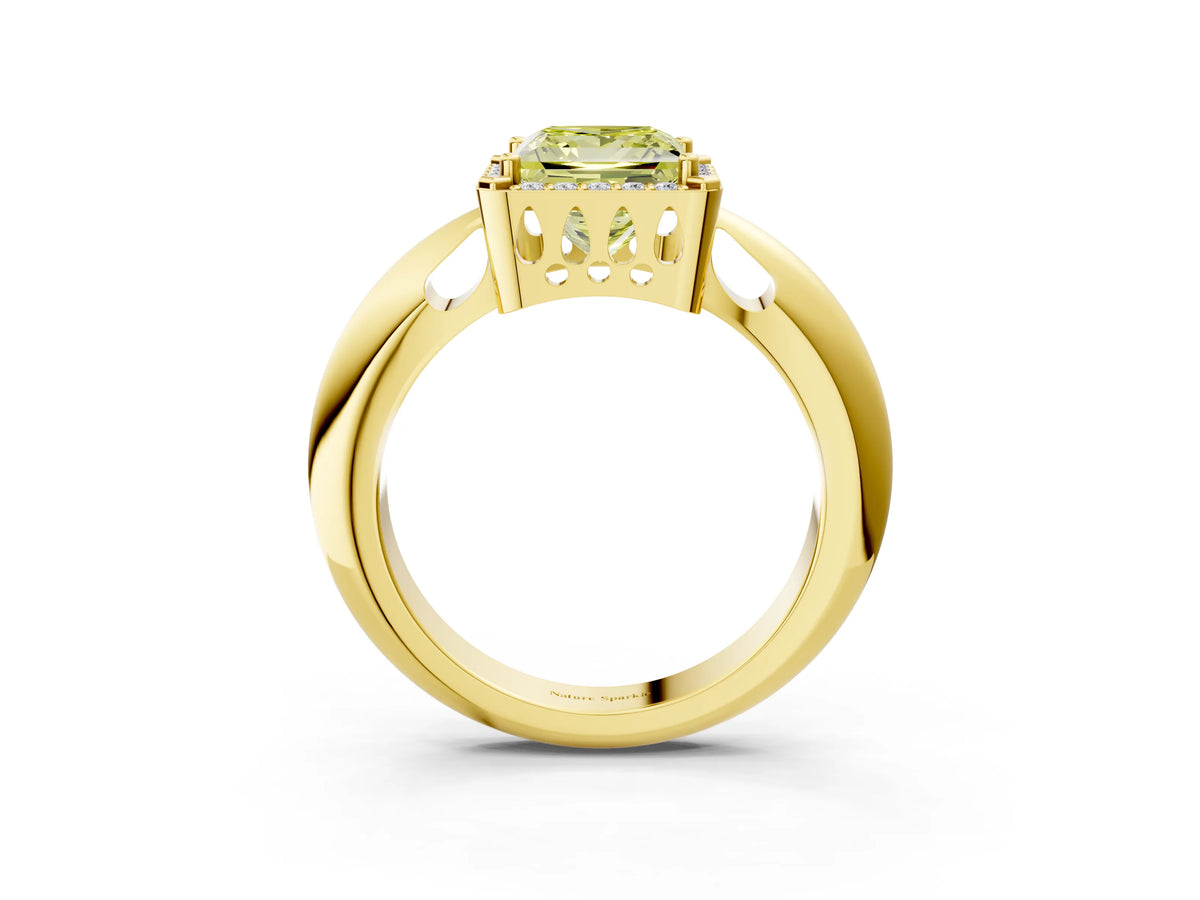 Fancy Yellow Princess Cut Diamond Halo Engagement Ring in Yellow gold with Plain Split Shank and Prong Setting_3