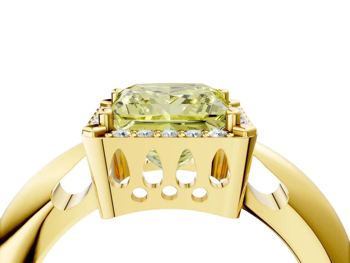 Fancy Yellow Princess Cut Diamond Halo Engagement Ring in Yellow gold with Plain Split Shank and Prong Setting_4