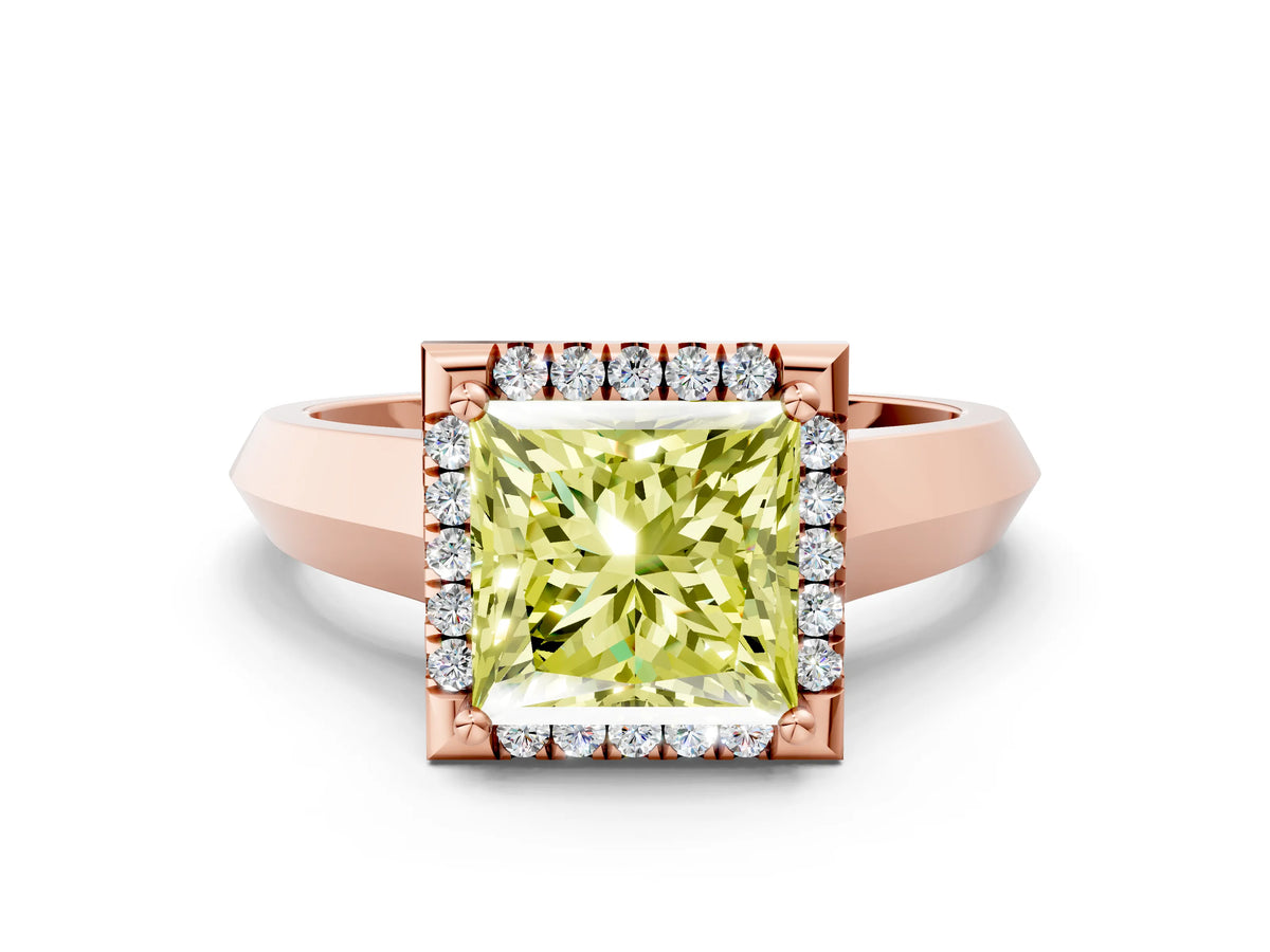 Fancy Yellow Princess Cut Diamond Halo Ring in Rose gold with Cathedral Band and Prong Setting