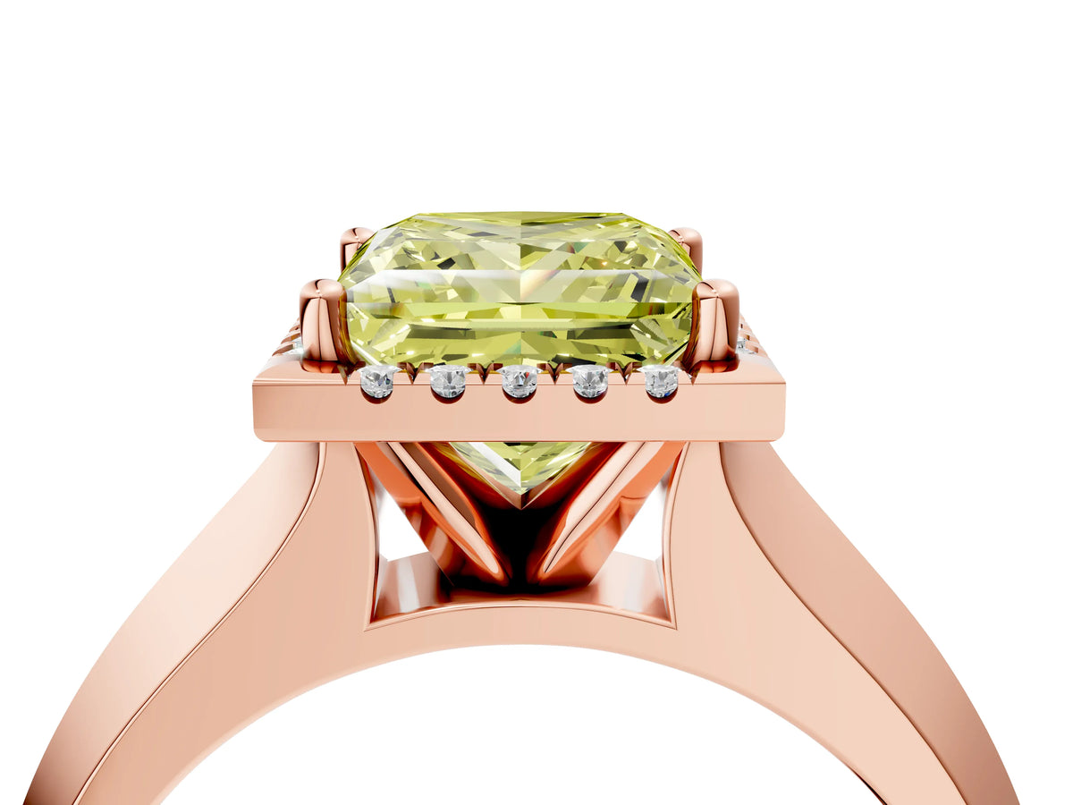 Fancy Yellow Princess Cut Diamond Halo Ring in Rose gold with Cathedral Band and Prong Setting_4
