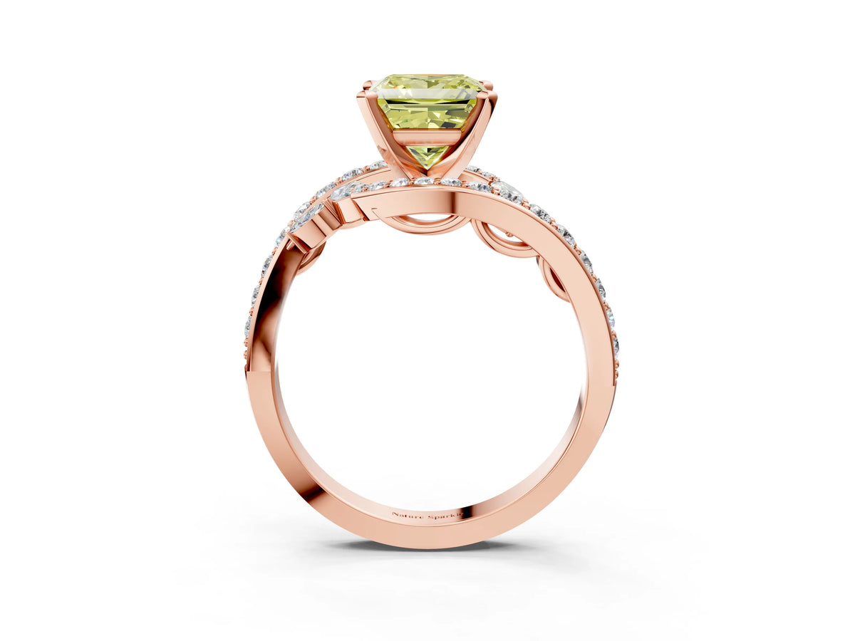 Fancy Yellow Princess Cut Diamond Solitaire Ring in Rose gold with Pavé Twist Band and Prong Setting_3