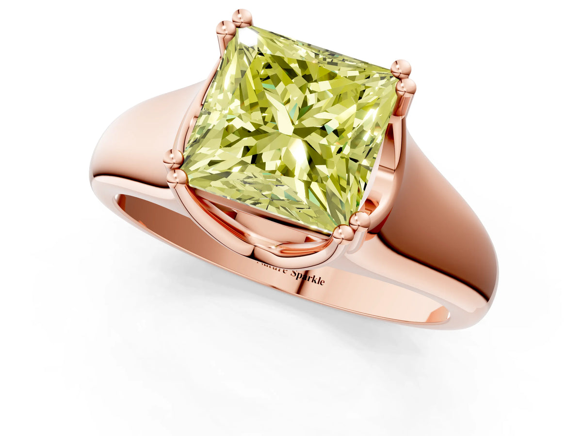 Fancy Yellow Princess Cut Diamond Solitaire Ring in Rose gold with Smooth Wide Band and Prong Setting_1