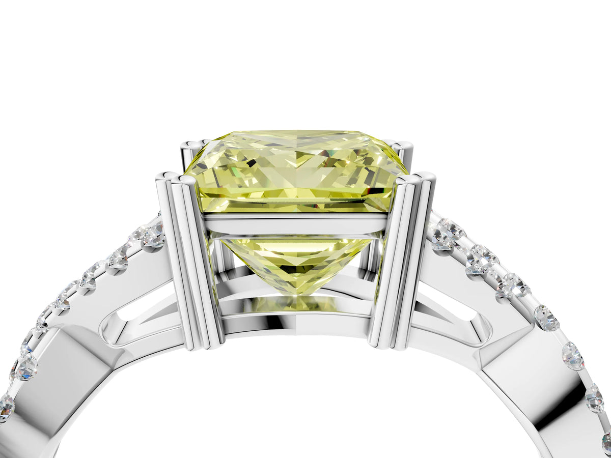 Fancy Yellow Princess Cut Diamond Solitaire Ring in Silver with Interwoven Pavé Band and Prong Setting_10
