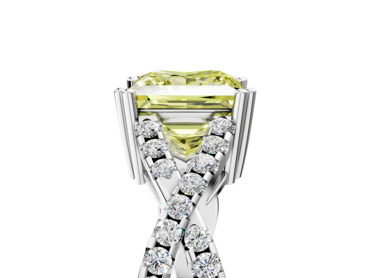 Fancy Yellow Princess Cut Diamond Solitaire Ring in Silver with Interwoven Pavé Band and Prong Setting_11