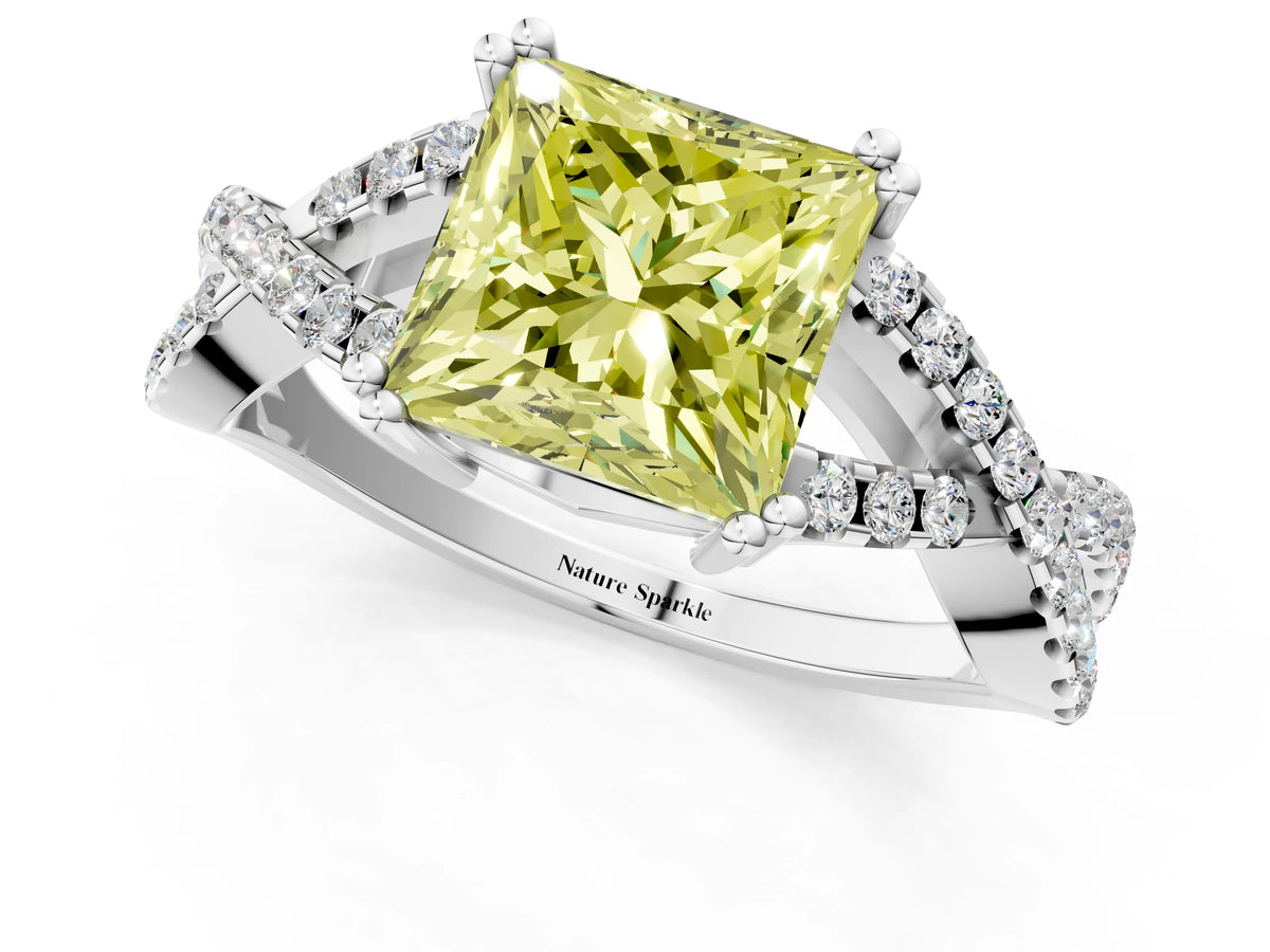 Fancy Yellow Princess Cut Diamond Solitaire Ring in Silver with Interwoven Pavé Band and Prong Setting_7