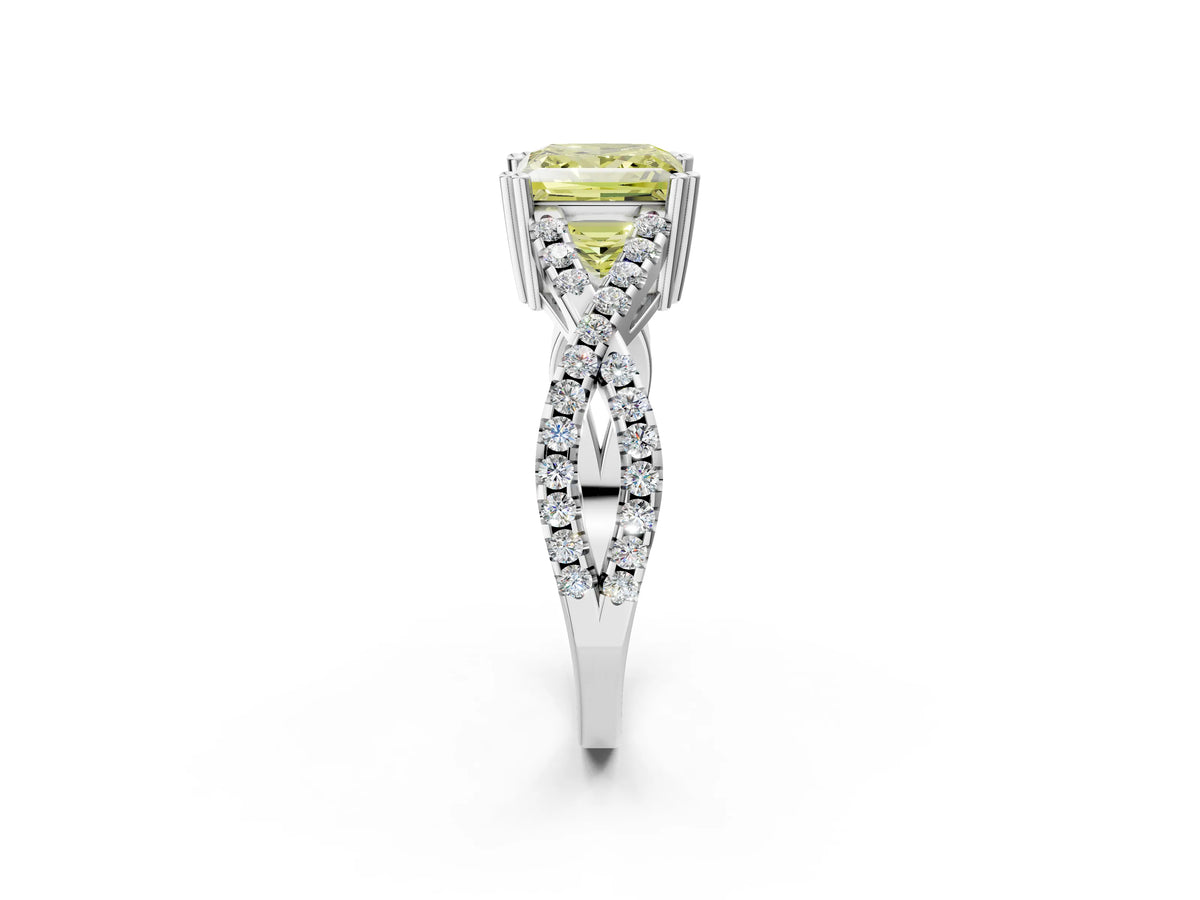 Fancy Yellow Princess Cut Diamond Solitaire Ring in Silver with Interwoven Pavé Band and Prong Setting_8