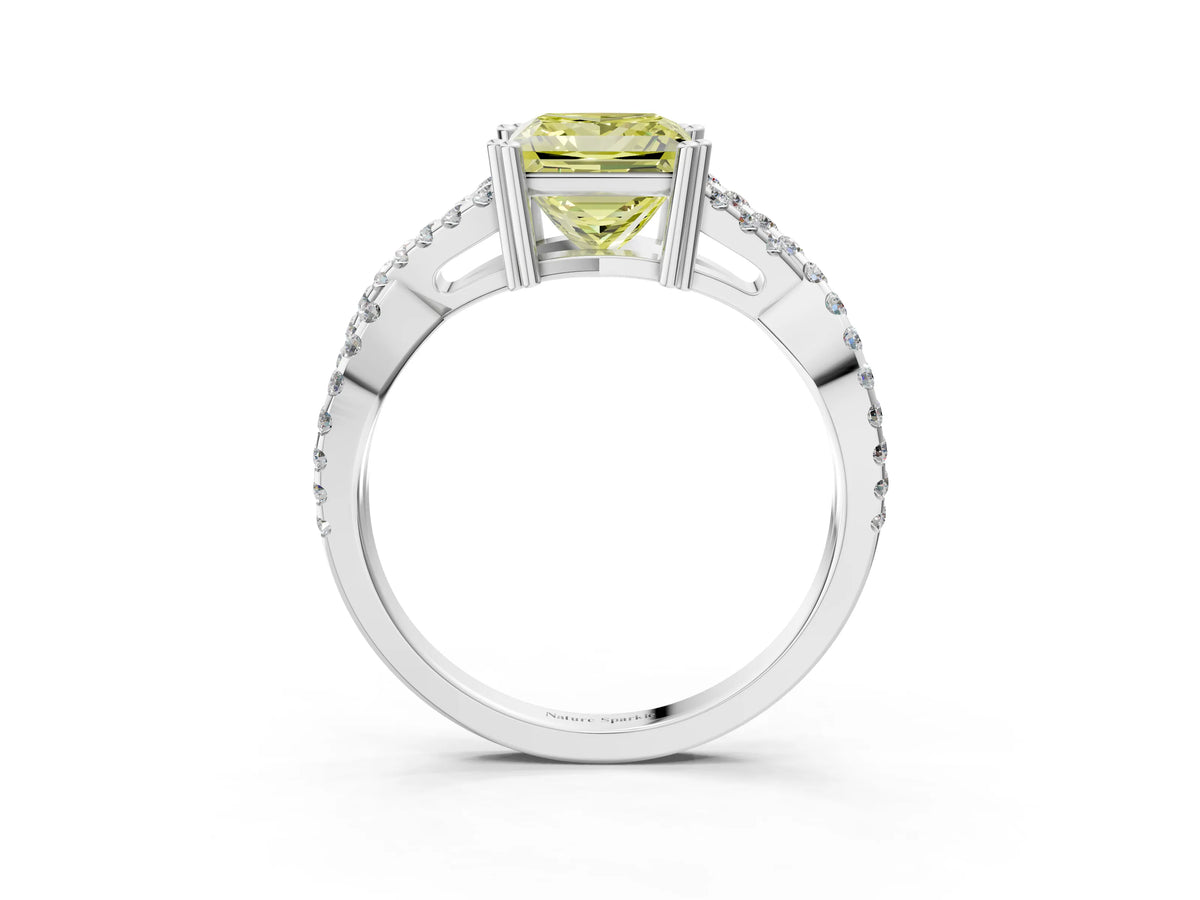 Fancy Yellow Princess Cut Diamond Solitaire Ring in Silver with Interwoven Pavé Band and Prong Setting_9