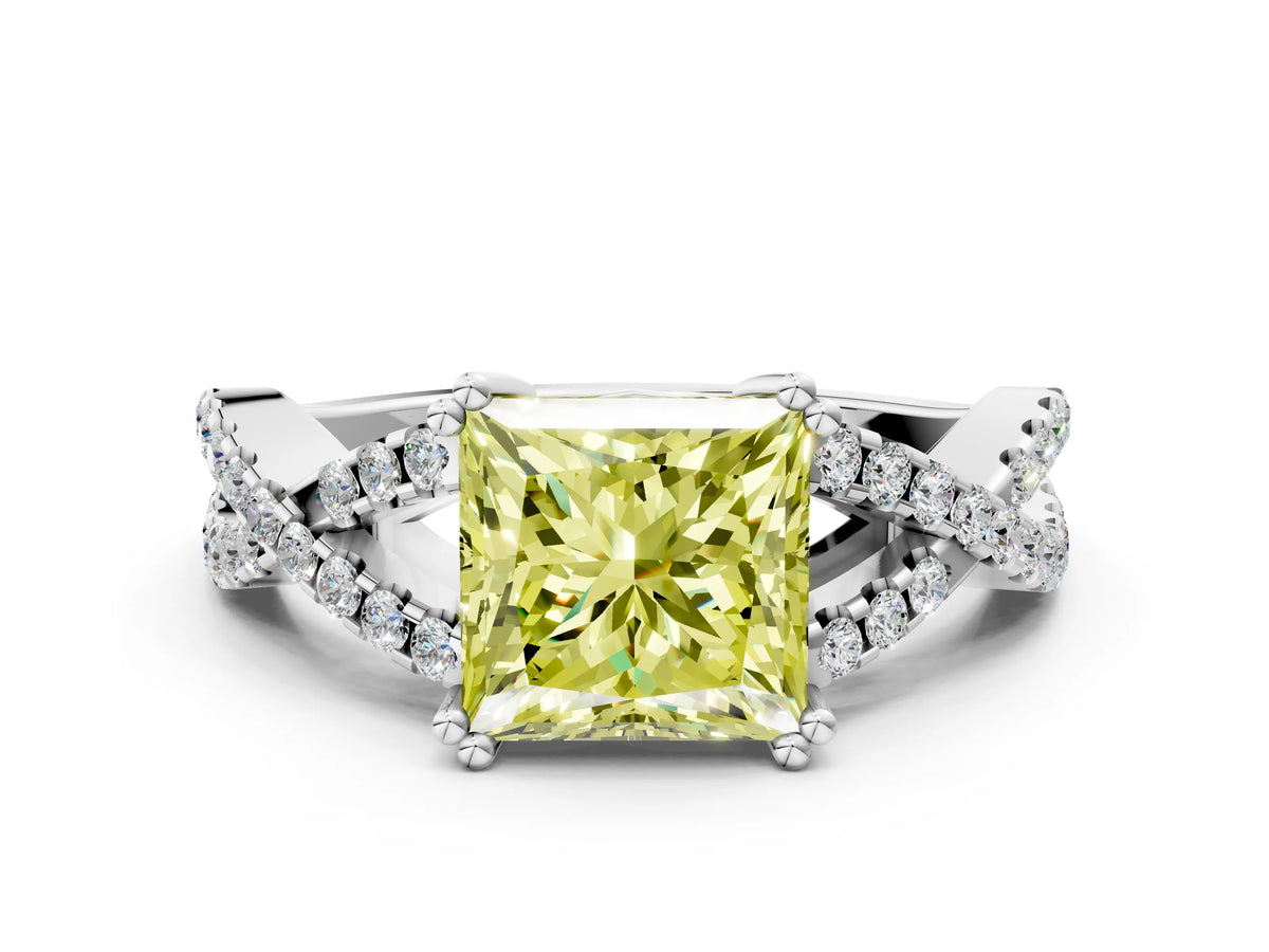 Fancy Yellow Princess Cut Diamond Solitaire Ring in White gold with Interwoven Pavé Band and Prong Setting