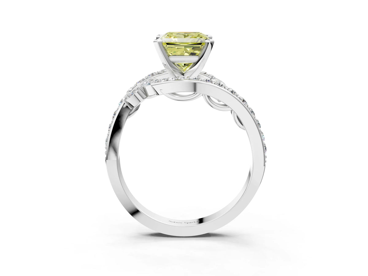 Fancy Yellow Princess Cut Diamond Solitaire Ring in White gold with Pavé Twist Band and Prong Setting_3