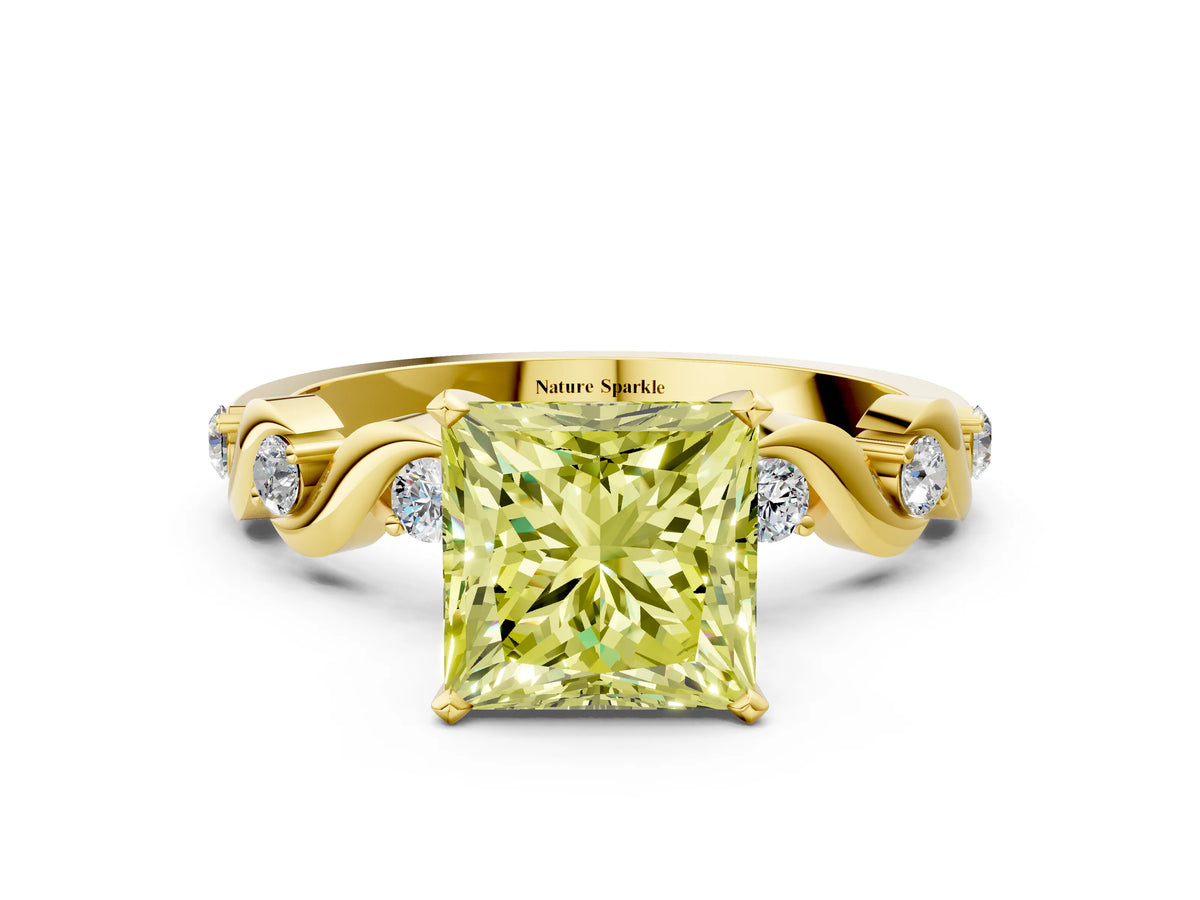 Fancy Yellow Princess Cut Diamond Solitaire Ring in Yellow gold with Twisted Ribbon Band and Round Accents