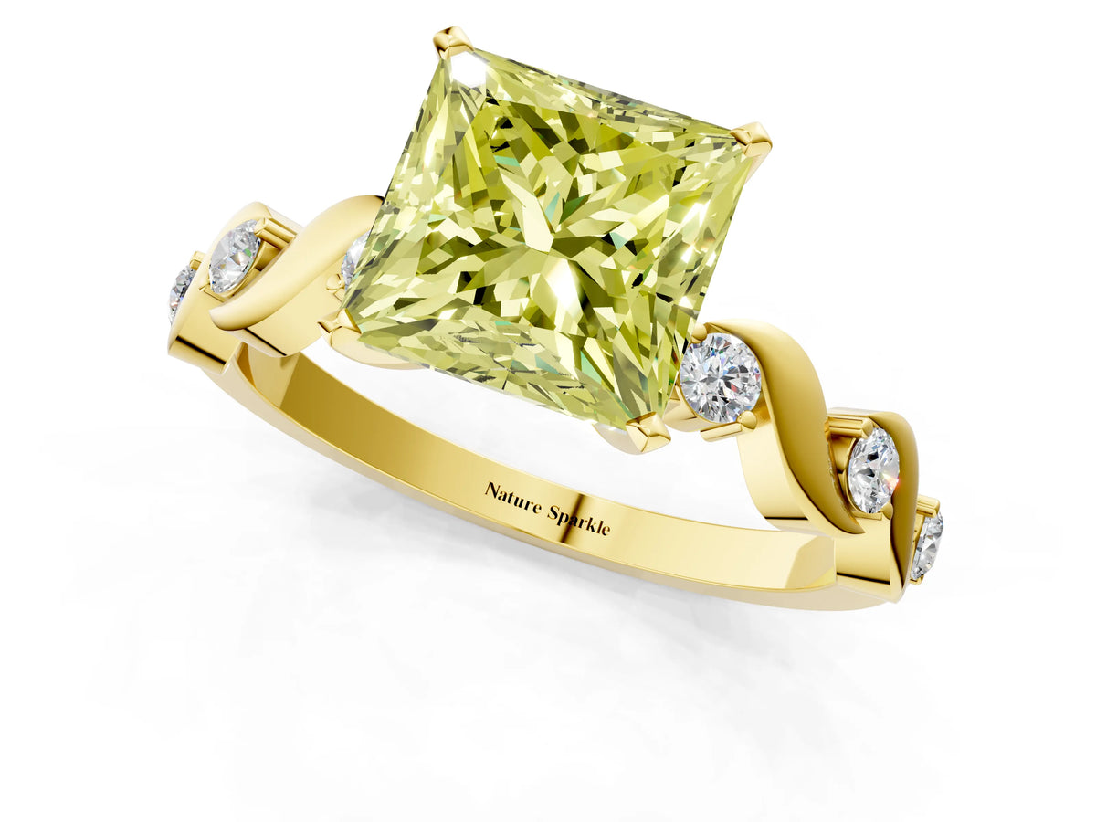 Fancy Yellow Princess Cut Diamond Solitaire Ring in Yellow gold with Twisted Ribbon Band and Round Accents_1