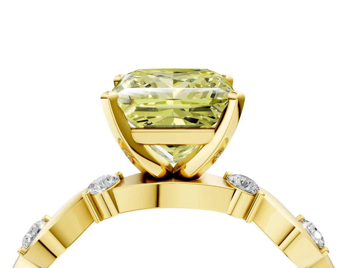 Fancy Yellow Princess Cut Diamond Solitaire Ring in Yellow gold with Twisted Ribbon Band and Round Accents_4