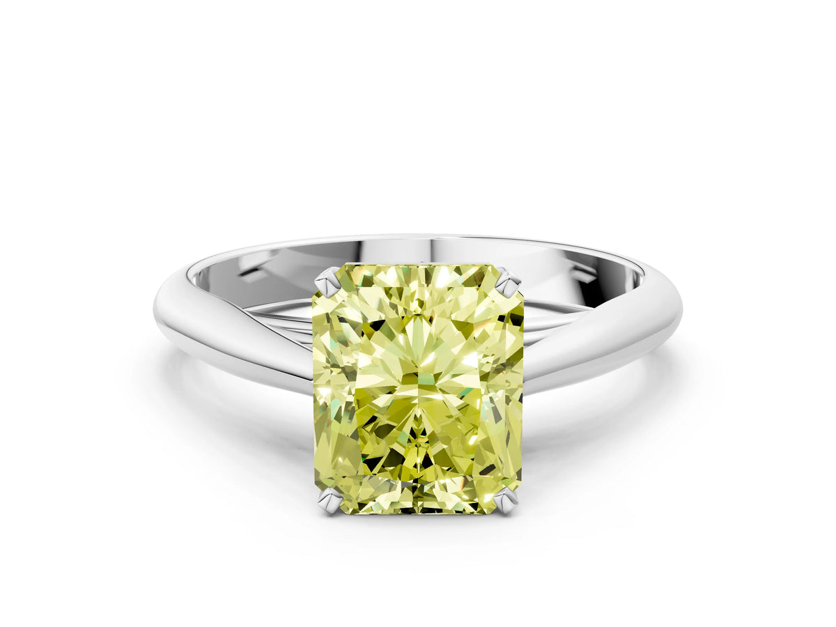 Fancy Yellow Radiant Cut Diamond Cathedral Solitaire Engagement Ring in Silver with Prong Setting