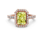 Fancy Yellow Radiant Cut Diamond Halo Engagement Ring in Rose gold with Milgrain Detail and Pavé Band