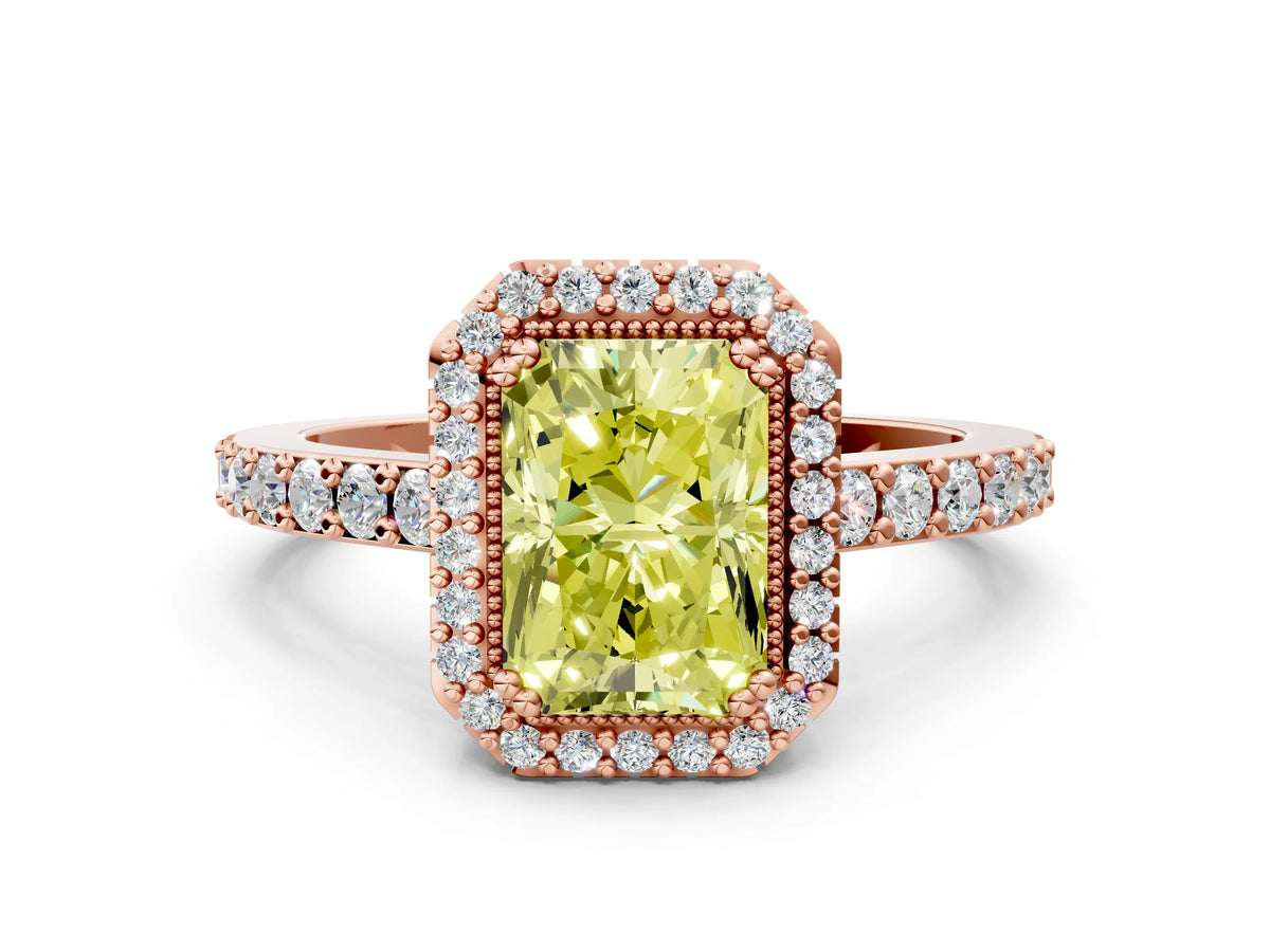 Fancy Yellow Radiant Cut Diamond Halo Engagement Ring in Rose gold with Milgrain Detail and Pavé Band