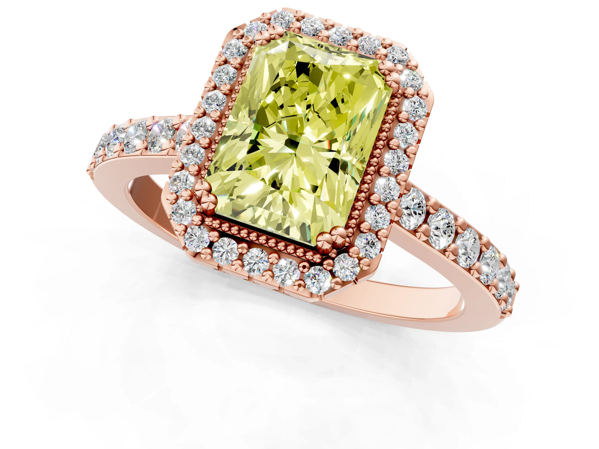 Fancy Yellow Radiant Cut Diamond Halo Engagement Ring in Rose gold with Milgrain Detail and Pavé Band_1