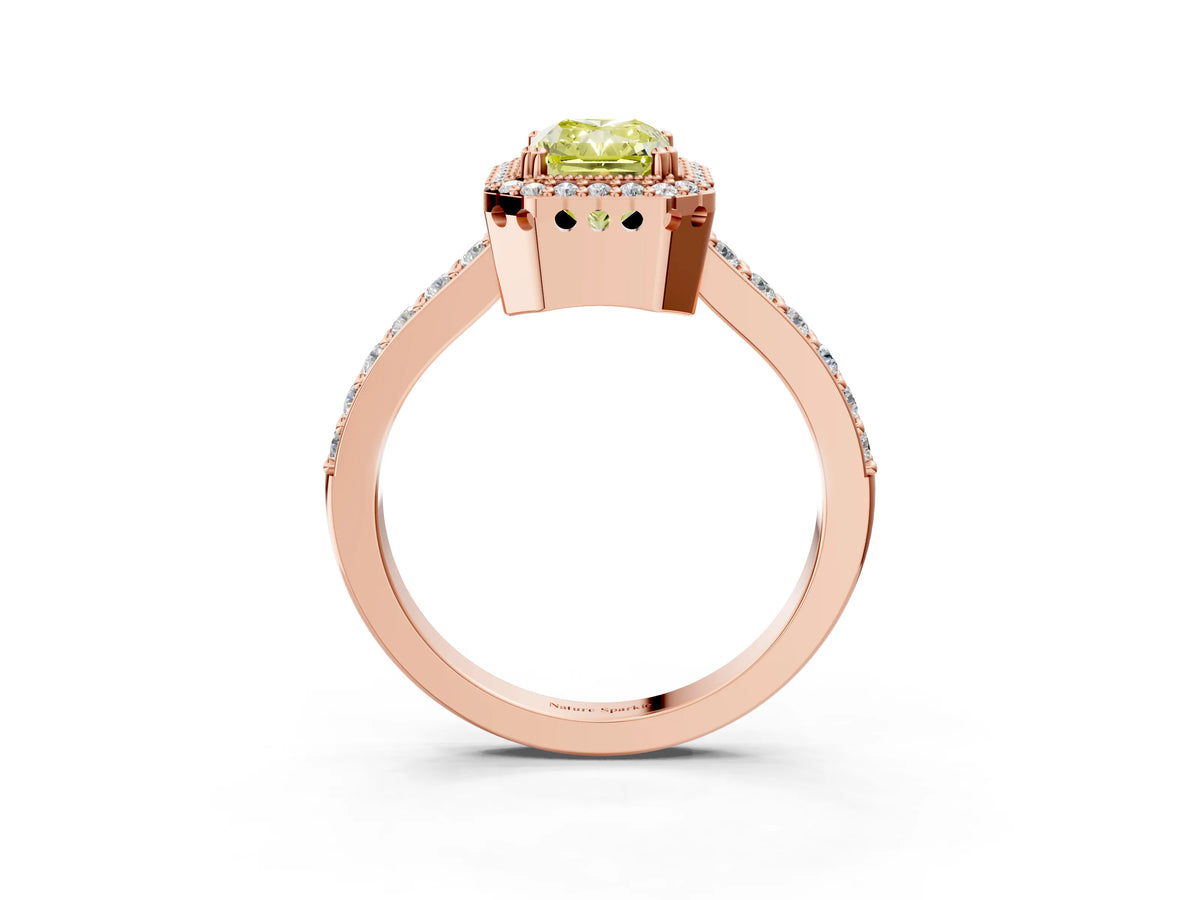 Fancy Yellow Radiant Cut Diamond Halo Engagement Ring in Rose gold with Milgrain Detail and Pavé Band_3