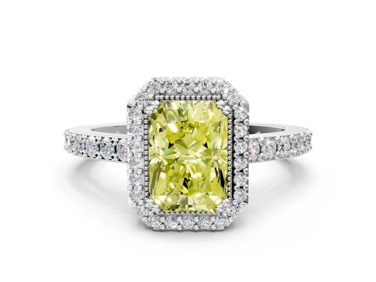 Fancy Yellow Radiant Cut Diamond Halo Engagement Ring in Silver with Milgrain Detail and Pavé Band_12