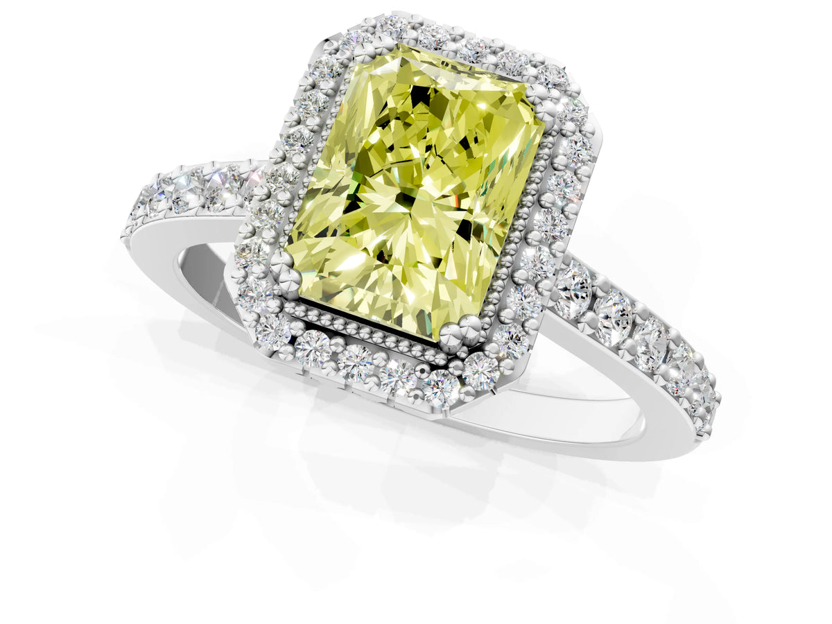 Fancy Yellow Radiant Cut Diamond Halo Engagement Ring in Silver with Milgrain Detail and Pavé Band_13
