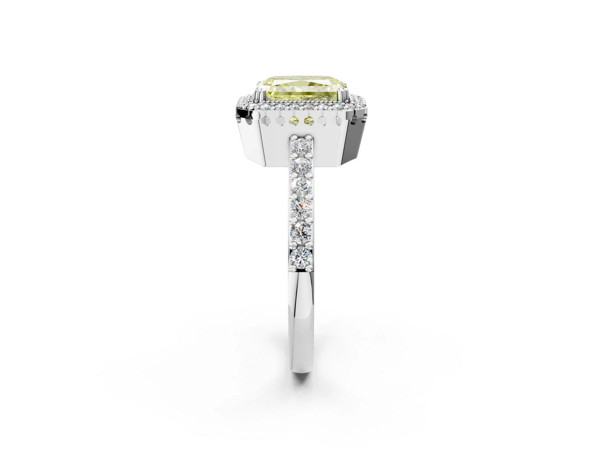 Fancy Yellow Radiant Cut Diamond Halo Engagement Ring in Silver with Milgrain Detail and Pavé Band_14
