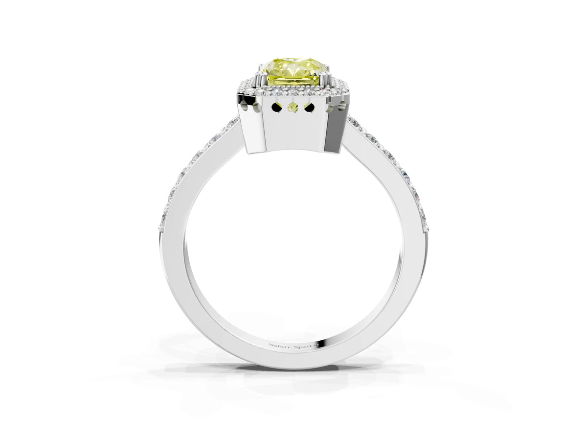 Fancy Yellow Radiant Cut Diamond Halo Engagement Ring in Silver with Milgrain Detail and Pavé Band_15