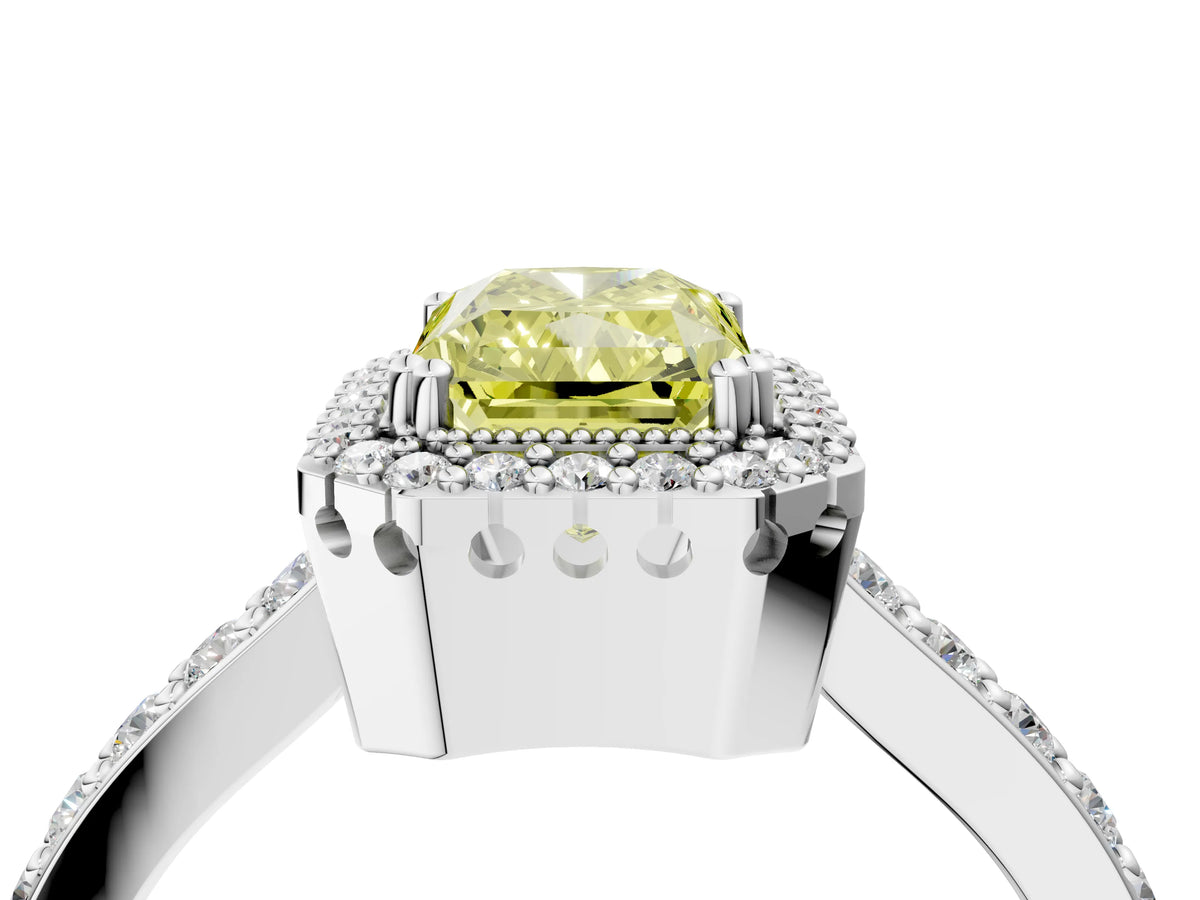 Fancy Yellow Radiant Cut Diamond Halo Engagement Ring in Silver with Milgrain Detail and Pavé Band_16