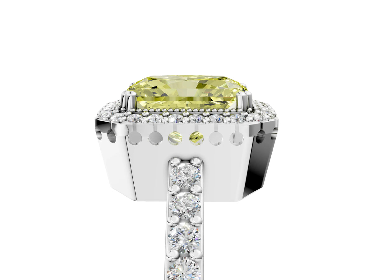 Fancy Yellow Radiant Cut Diamond Halo Engagement Ring in Silver with Milgrain Detail and Pavé Band_17