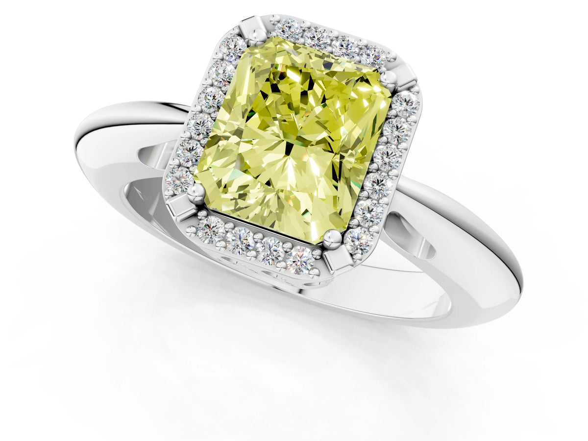 Fancy Yellow Radiant Cut Diamond Halo Engagement Ring in White gold with Plain Split Shank and Prong Setting_1
