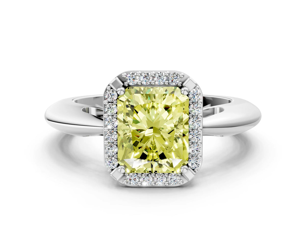Fancy Yellow Radiant Cut Diamond Halo Engagement Ring in White gold with Plain Split Shank and Prong Setting