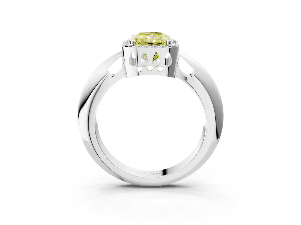 Fancy Yellow Radiant Cut Diamond Halo Engagement Ring in White gold with Plain Split Shank and Prong Setting_3