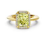 Fancy Yellow Radiant Cut Diamond Halo Engagement Ring in Yellow gold with Plain Split Shank and Prong Setting