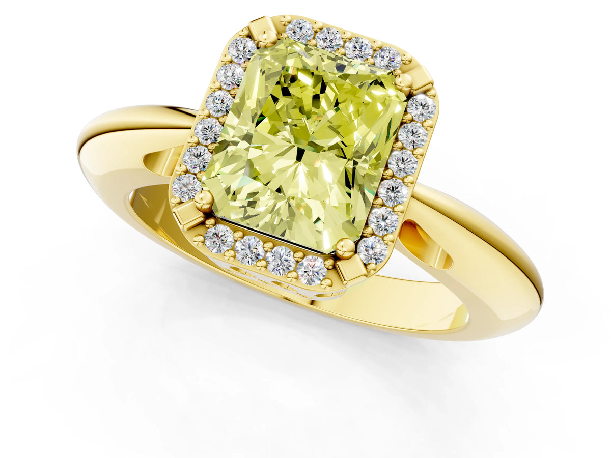 Fancy Yellow Radiant Cut Diamond Halo Engagement Ring in Yellow gold with Plain Split Shank and Prong Setting_1
