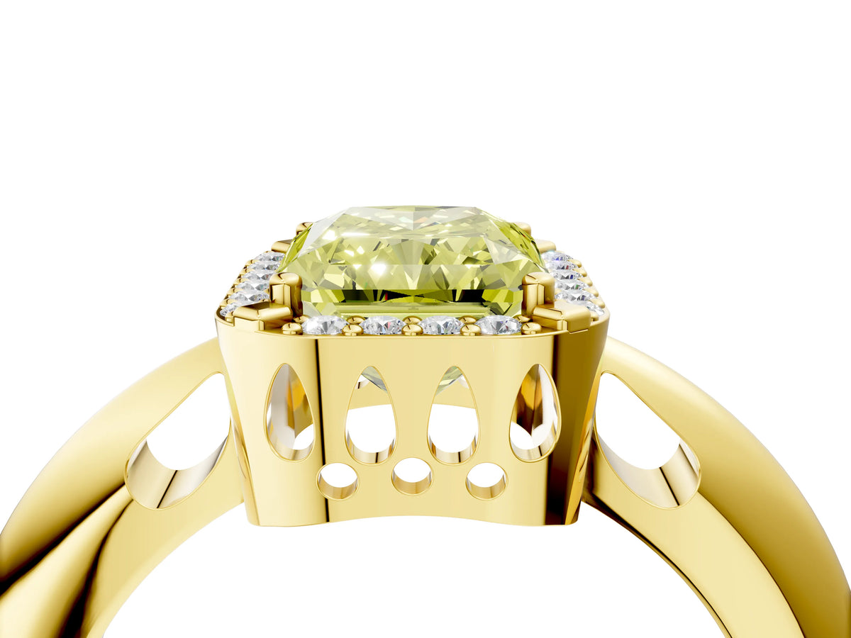 Fancy Yellow Radiant Cut Diamond Halo Engagement Ring in Yellow gold with Plain Split Shank and Prong Setting_4