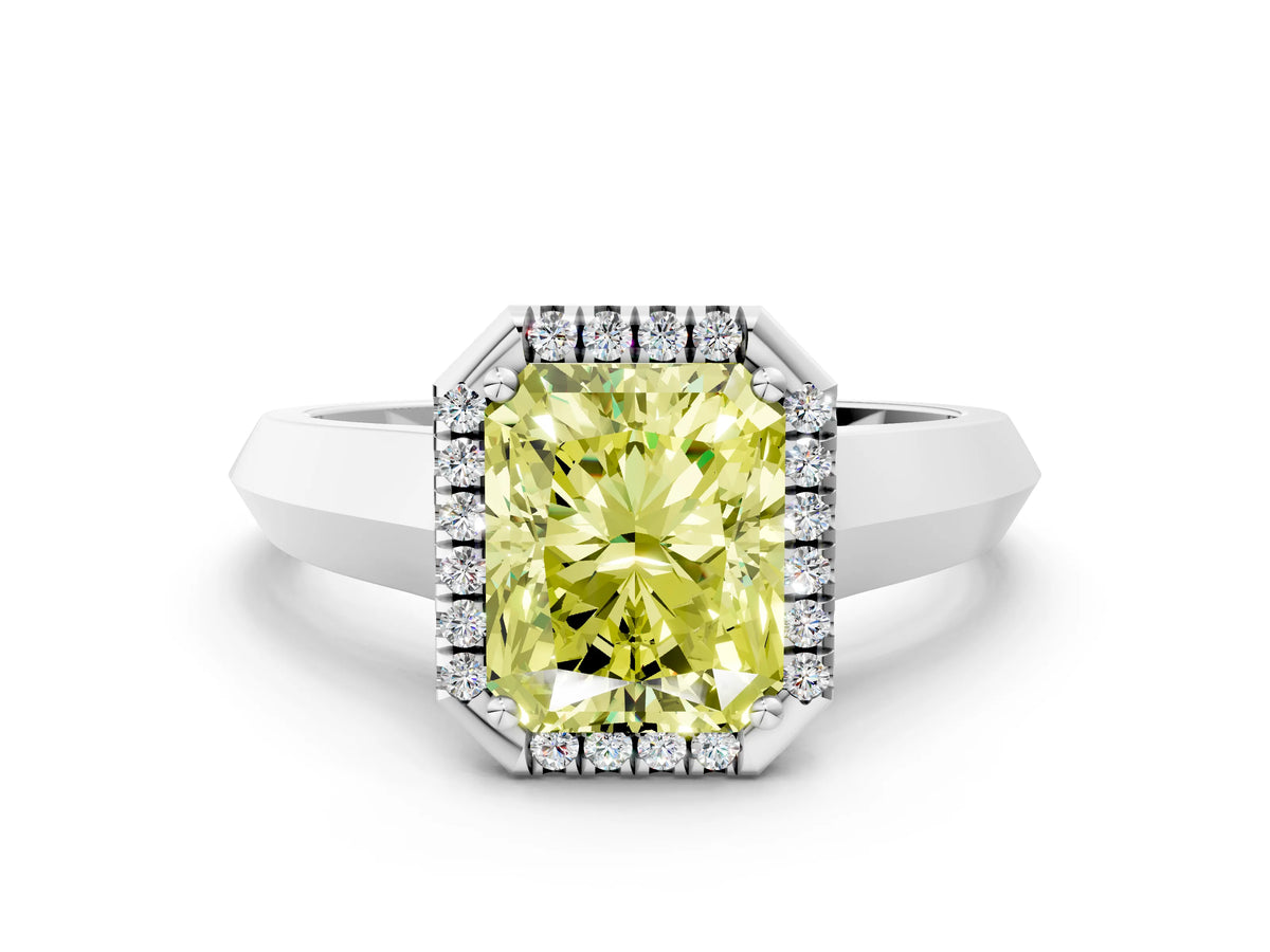 Fancy Yellow Radiant Cut Diamond Halo Ring in Silver with Cathedral Band and Prong Setting_6