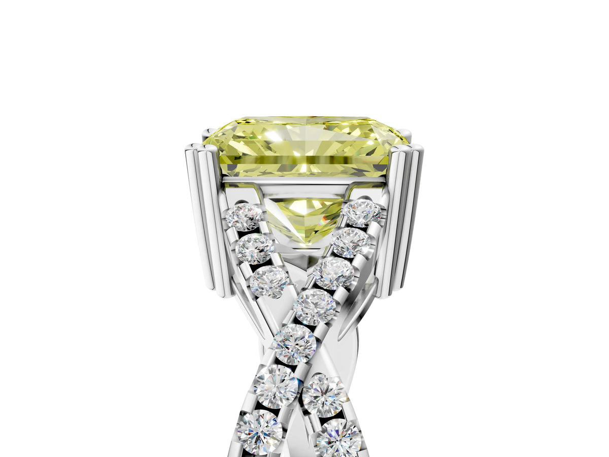 Fancy Yellow Radiant Cut Diamond Solitaire Ring in Silver with Interwoven Pavé Band and Prong Setting_11