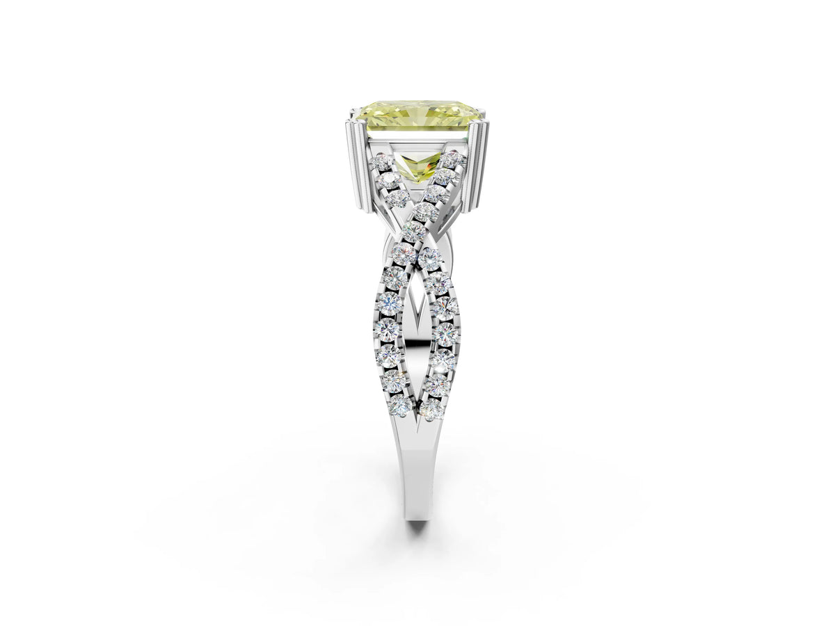 Fancy Yellow Radiant Cut Diamond Solitaire Ring in Silver with Interwoven Pavé Band and Prong Setting_8