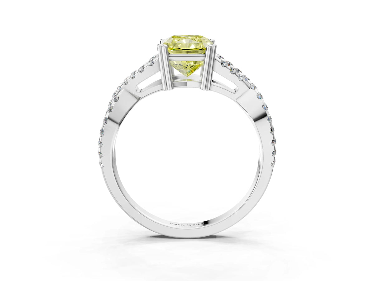 Fancy Yellow Radiant Cut Diamond Solitaire Ring in White gold with Interwoven Pavé Band and Prong Setting_3