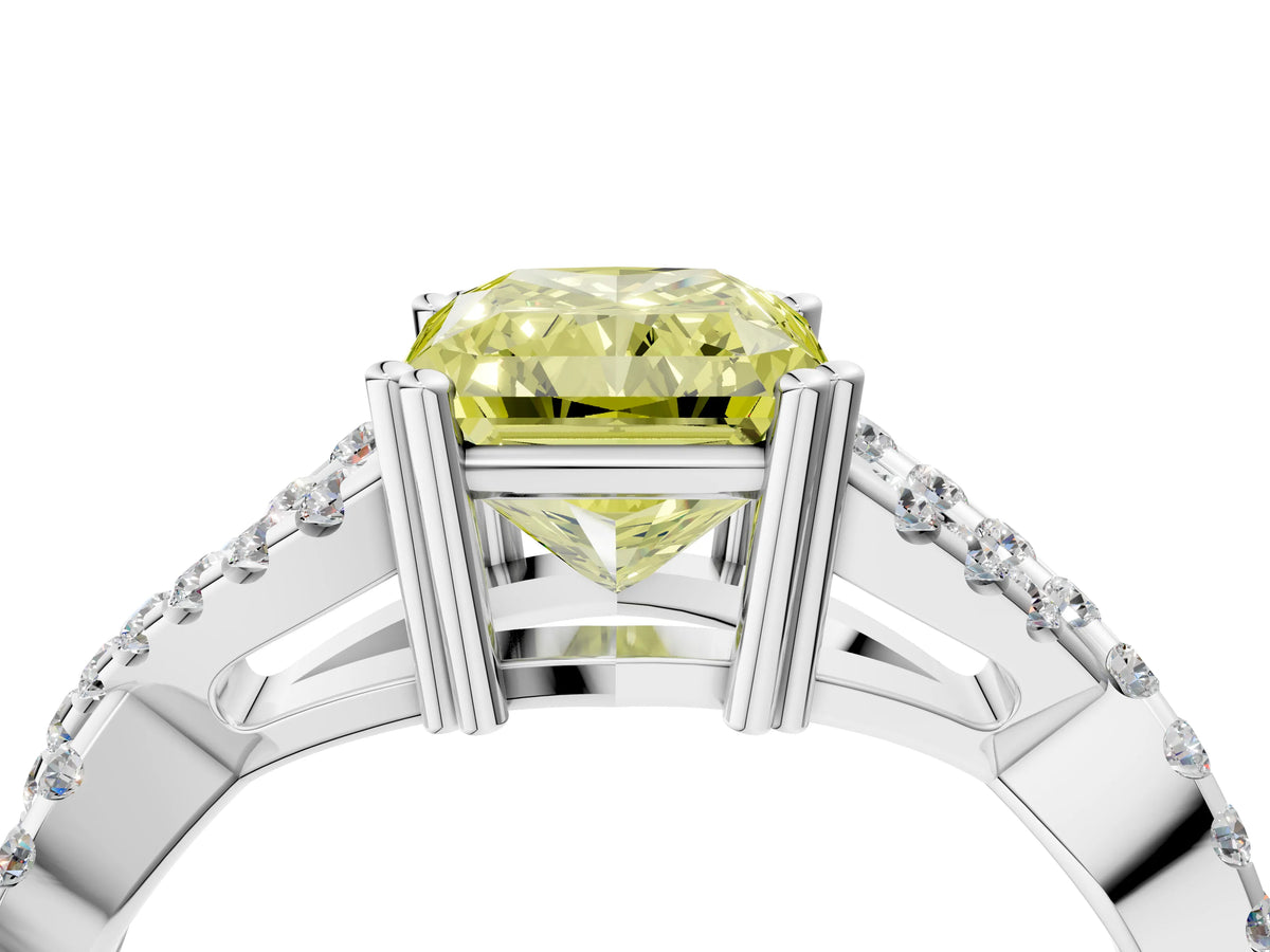 Fancy Yellow Radiant Cut Diamond Solitaire Ring in White gold with Interwoven Pavé Band and Prong Setting_4
