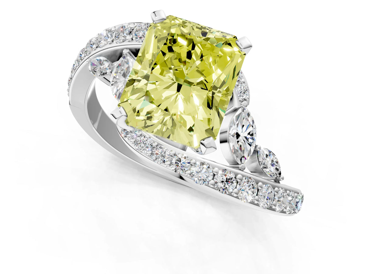 Fancy Yellow Radiant Cut Diamond Solitaire Ring in White gold with Pavé Twist Band and Prong Setting_1